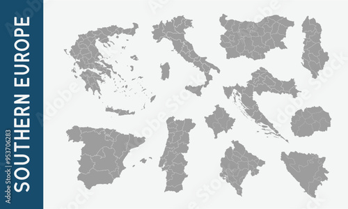 South Europe maps with regions isolated on a white background. South Europe countries maps set. Vector illustration