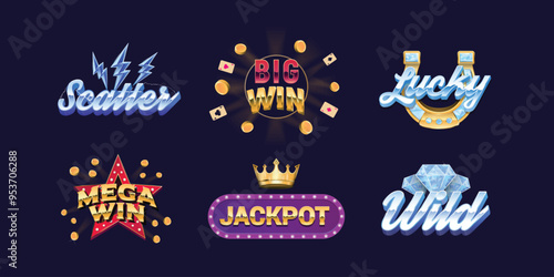 6 Slots signs templates. Scatter, Wild, Jackpot. Print for t-shirt, banner, poster, cover, badge and label. Retro 80's casino, slots design. Vector illustration