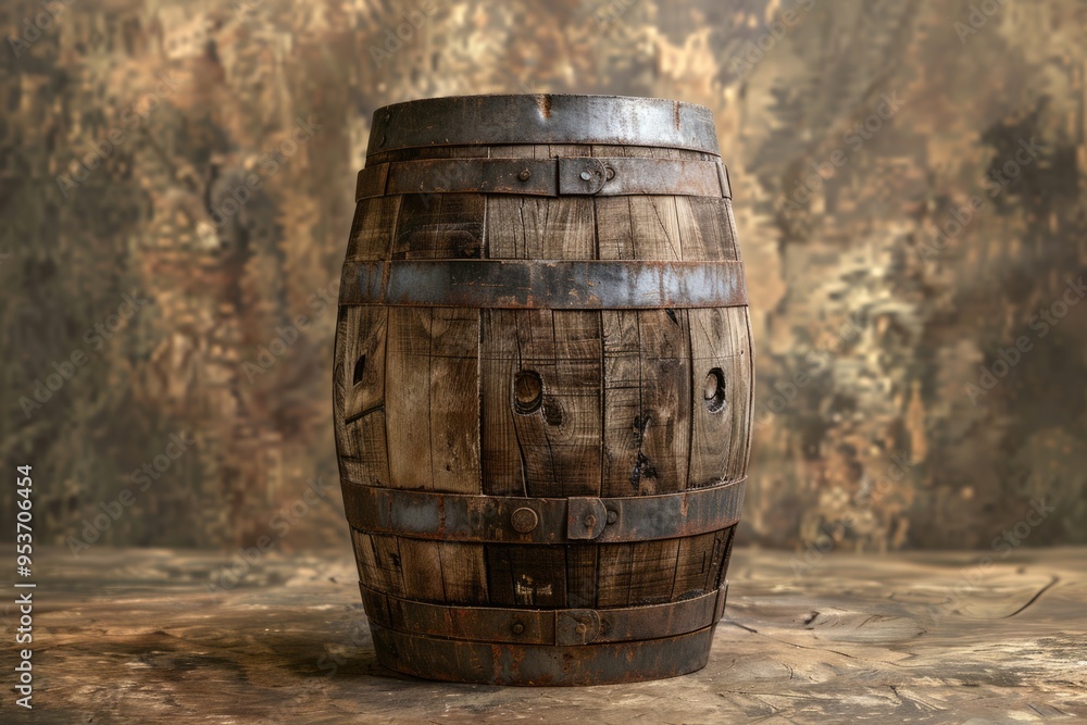 Old wooden barrel on brown background. Old wooden barrel on brown background.