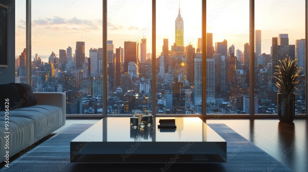 Obraz premium Cityscape View from a Modern Living Room with a Glass Coffee Table