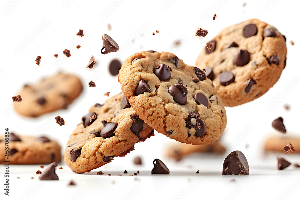 Falling chocolate chip cookies isolated on a white background Falling chocolate chip cookies isolated on a white background
