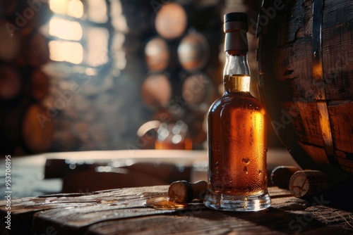 wooden barrel Scotch whiskey bottle glass and old wooden barrel. With copy space wooden barrel