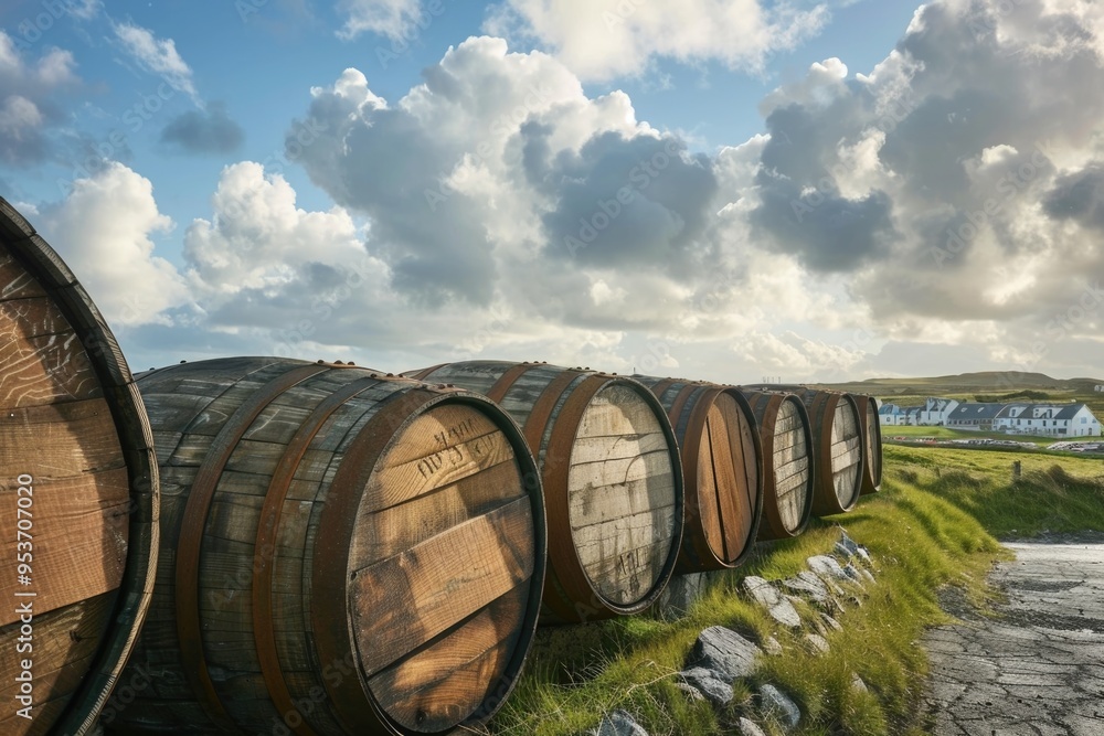 Obraz premium Scotch whisky barrels lined up seaside on the Island of Islay Scotland UK