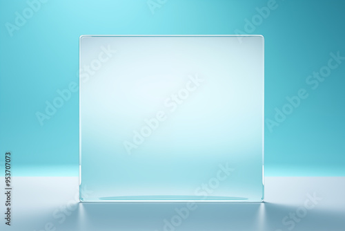 Frosted glass square plaque on light blue background showcase for glassmorphism style presentation photo