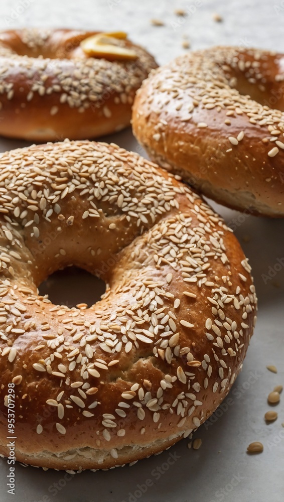 Freshly baked sesame seed bagel on white, ideal for New York-style breakfast branding. Freshly baked sesame seed bagel on white, ideal for New York-style breakfast branding.