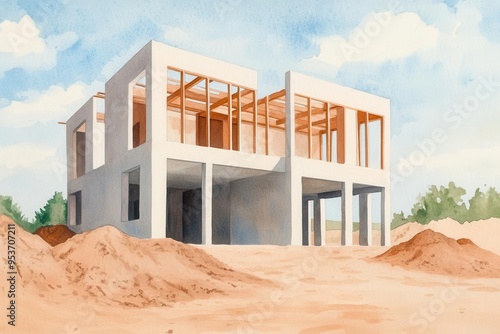 Construction site, halffinished building, economic downturn, deserted scene, watercolor style photo