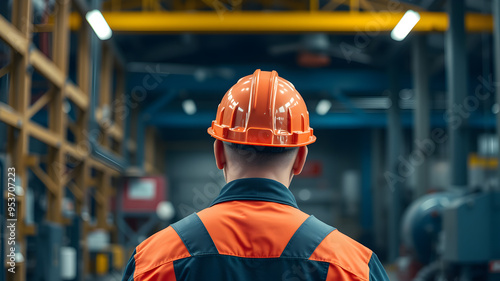 Back view of Engineer wearing hardhat standing in industrial factory. Generative AI