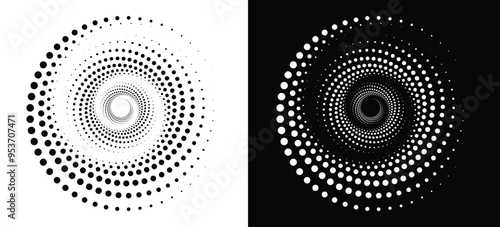 Geometric halftone circle background. Black shape on a white background and white shape on a black background.