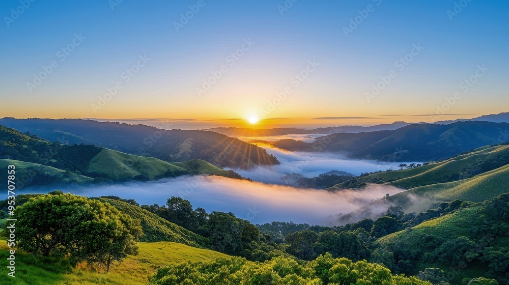 Breathtaking sunrise over rolling hills, with mist rolling in the valleys, showcasing nature's serene beauty and tranquility. Breathtaking sunrise over rolling hills, with mist rolling in the valleys, showcasing nature's serene beauty and tranquility.