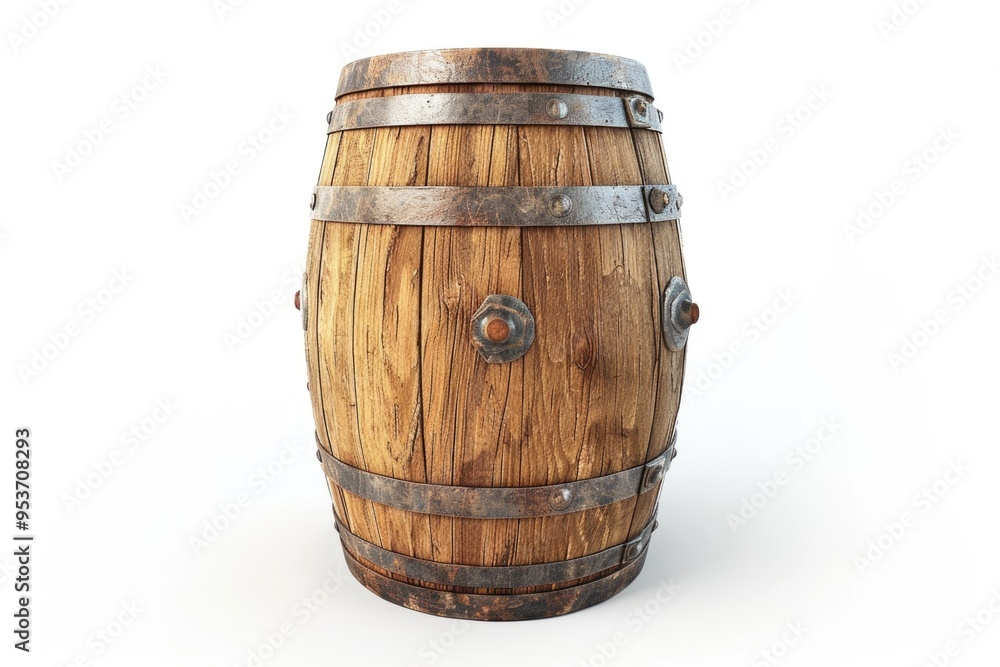 Wooden barrel with iron rings on white background. Wooden barrel with iron rings on white background.