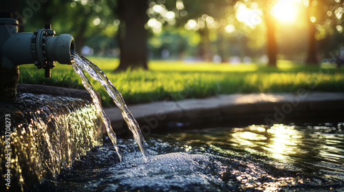 Wallpaper Mural Water flowing from a pipe in a park, with a blurred background of green grass and trees Torontodigital.ca