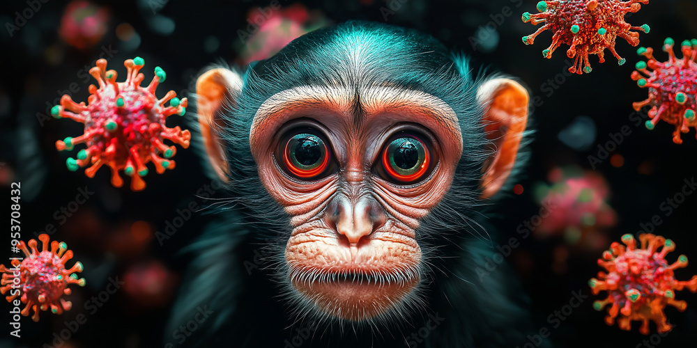 Monkey with expressive eyes, virus symbols floating, monkeypox theme
Monkey with expressive eyes, virus symbols floating, monkeypox theme