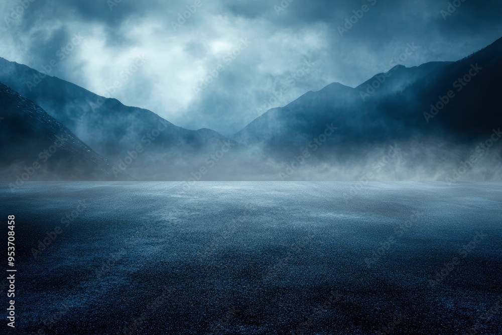 Dark street, asphalt abstract dark blue background, empty dark mountain range scene, with smoke mist cold white float up for display products with generative ai Dark street, asphalt abstract dark blue background, empty dark mountain range scene, with smoke mist cold white float up for display products with generative ai
