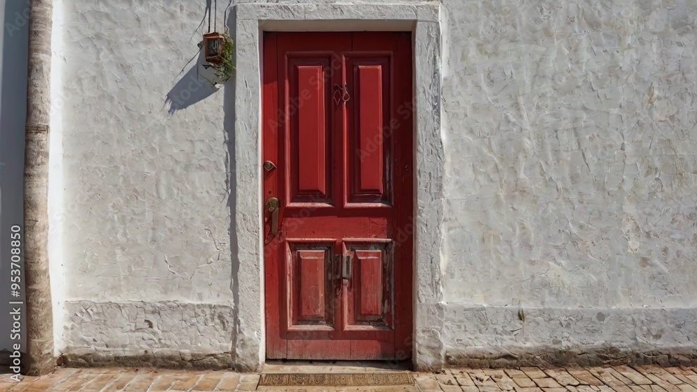 old wooden red door with a white wall on a summer day old wooden red door with a white wall on a summer day