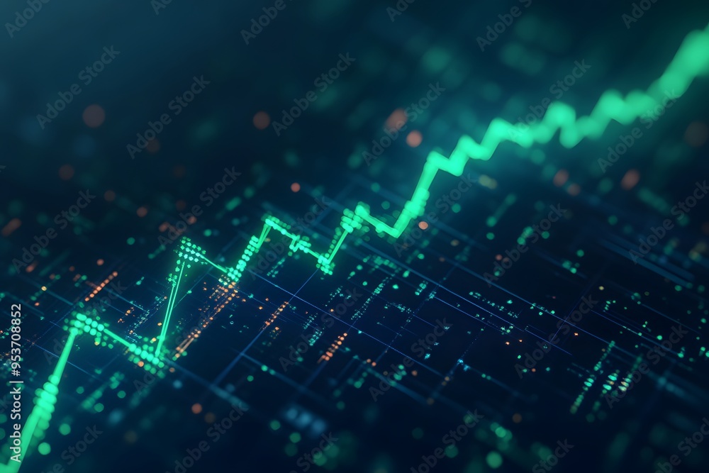 High-tech financial chart with a glowing green arrow and digital data points, symbolizing growth and success in the digital economy. High-tech financial chart with a glowing green arrow and digital data points, symbolizing growth and success in the digital economy.