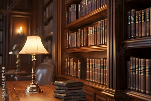 Explore a classic law firm library with wooden bookshelves filled with law books and legal references. Soft lighting enhances the rich textures and traditional atmosphere.