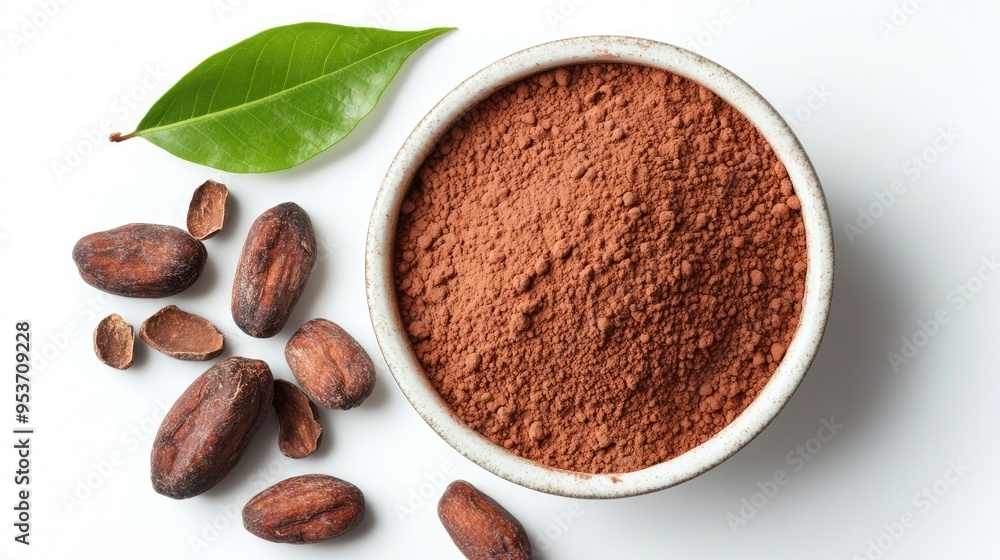 cocoa powder in a bowl with cocoa fruits and leaf on white background cocoa powder in a bowl with cocoa fruits and leaf on white background