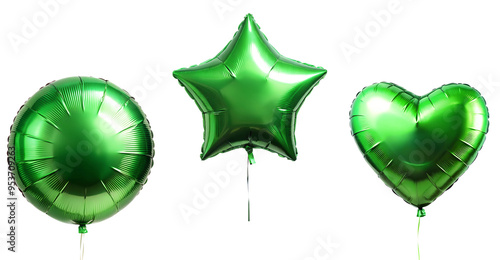 Set of realistic green heart, round and star shapes foil balloons isolated on cutout PNG. Helium green heart balloons clipart for anniversary, birthday, wedding, Christmas, card party.