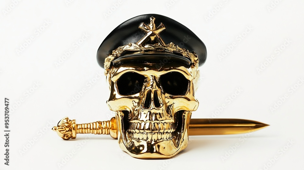 Fototapeta premium Gold Skull with Hat and Sword: A Detailed Illustration Featuring a Gleaming Gold Skull Adorned with a Hat and a Sword Positioned Behind It, Set Against a White Background.