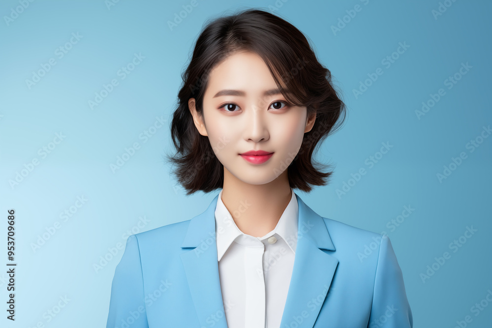 Close-up portrait of young Korean woman in business suit on blue background Close-up portrait of young Korean woman in business suit on blue background