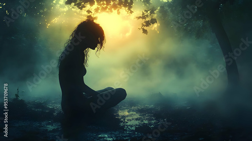 A woman sits in a misty for...