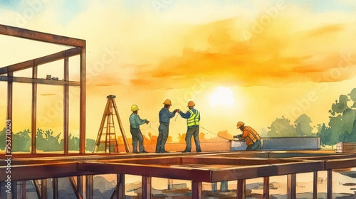 Construction workers interacting on a building site at sunset, framed structures and equipment visible in the background.