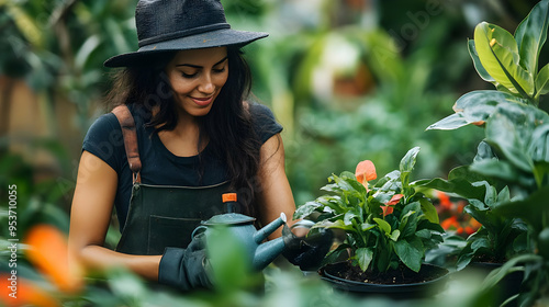 A woman waters a plant with...