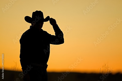 A silhouetted cowboy tipping his hat against a sunset backdrop.