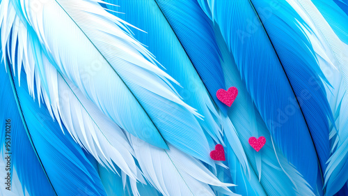 Blue and white feather textures with love theme for Valentine s Day. Generative AI photo