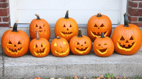 Halloween Pumpkins: A Festive Display Featuring Jack-o'-Lanterns with Various Expressions, Set Against a Spooky Background, Perfect for Celebrating the Halloween Season.