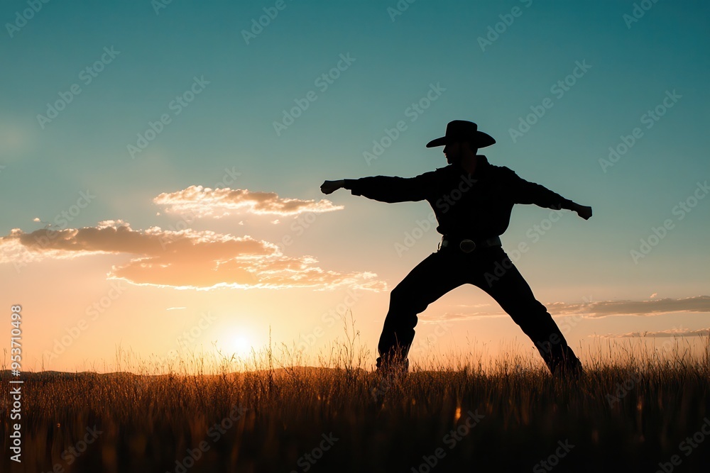 A silhouetted figure in a cowboy hat poses dramatically against a sunset in a grassy field. A silhouetted figure in a cowboy hat poses dramatically against a sunset in a grassy field.