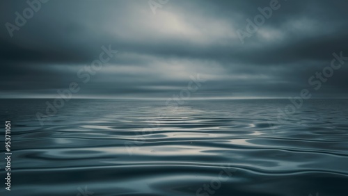 An endless expanse of calm but dark ocean water merging with a gloomy, overcast sky, with subtle ripples disturbing the otherwise still surface, symbolizing inner turmoil.