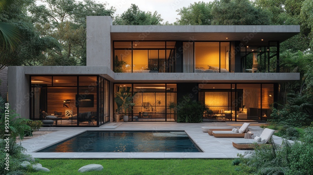 Modern villa with a pool surrounded by lush greenery at dusk. Modern villa with a pool surrounded by lush greenery at dusk.