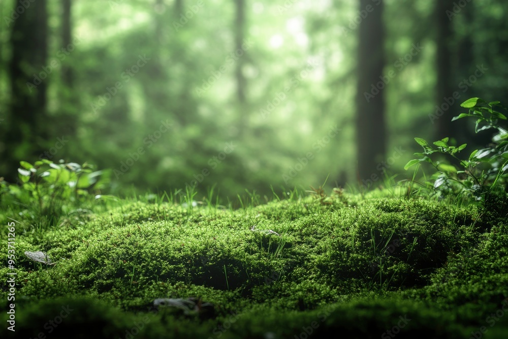 Green moss and background. Backdrop for displaying products. Dark forest background with generative ai Green moss and background. Backdrop for displaying products. Dark forest background with generative ai