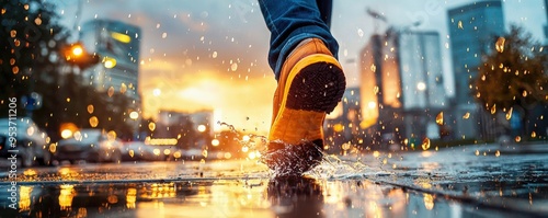 A vibrant urban scene featuring a person walking through puddles at sunset, showcasing reflections and motion in the rain.