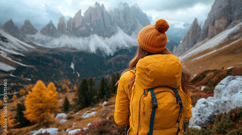 A woman with a yellow backpack looks at the majestic mountain range in the distance. A woman with a yellow backpack looks at the majestic mountain range in the distance.