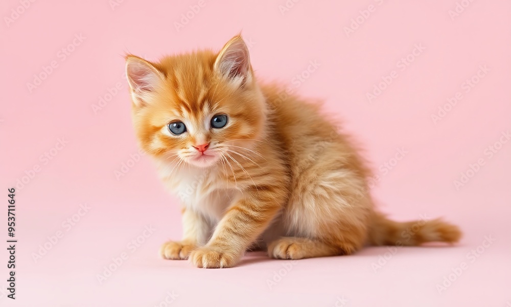 fluffy orange kitten sitting pink pastel background fluffy orange kitten sitting pink pastel background