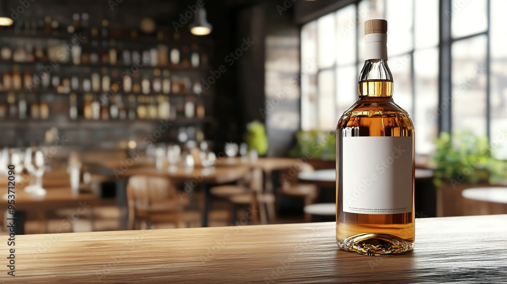Whiskey bottle with blank label on a wooden bar counter in a modern cafe interior mock-up