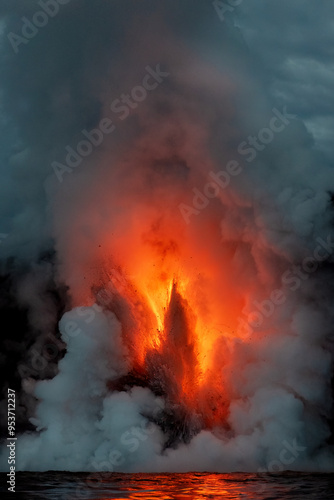 Lava tube flowing into ocean in Hawaii at dawn causing dramatic explosions