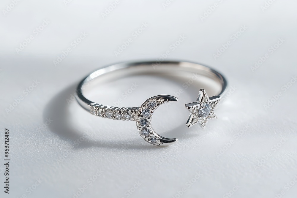 A silver ring featuring a crescent moon and star design adorned with sparkling stones. A silver ring featuring a crescent moon and star design adorned with sparkling stones.