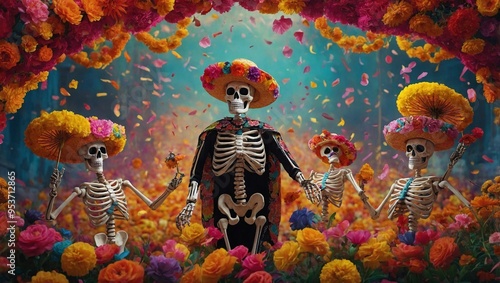 Mexican Festival dia de los muertos Skull Dancing Decoration with flowers
