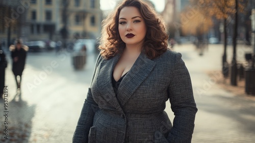 Confident woman in formal attire standing in urban setting with vintage buildings in the background, showcasing empowerment and style.