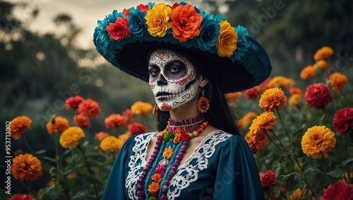 Mexican woman catrina with sugar skull makeup in flower garden