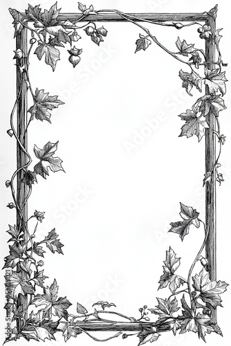 Simple medieval manuscript border, Fantasy book page layout, sparse leaf and vine motifs, encircling page edges, leaving ample center clear for text and make it green, bold black and white linework