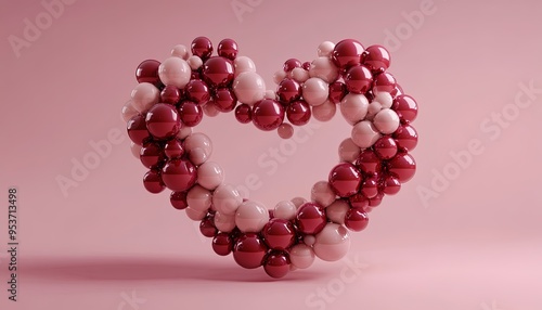 A heart shape formed by pink and red glossy spheres on a pink background.