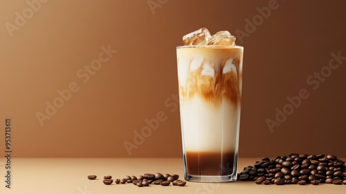 A high-quality AI-generated stock image of a tall glass of iced latte with coffee beans on the right side, leaving ample space on the left for text. Ideal for coffee promotions or beverage content.