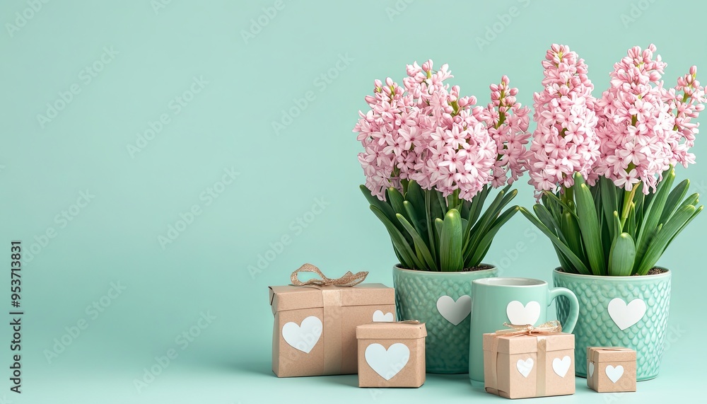 Obraz premium Two pink hyacinths in blue pots with gifts on a mint green background.