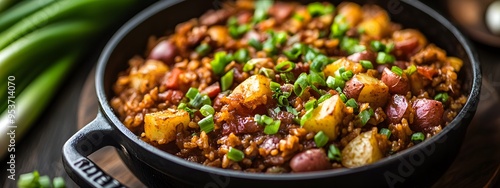 A large pot of sautéed potatoes, chicken pieces, and vegetables with red pepper cubes and green onion slices on top