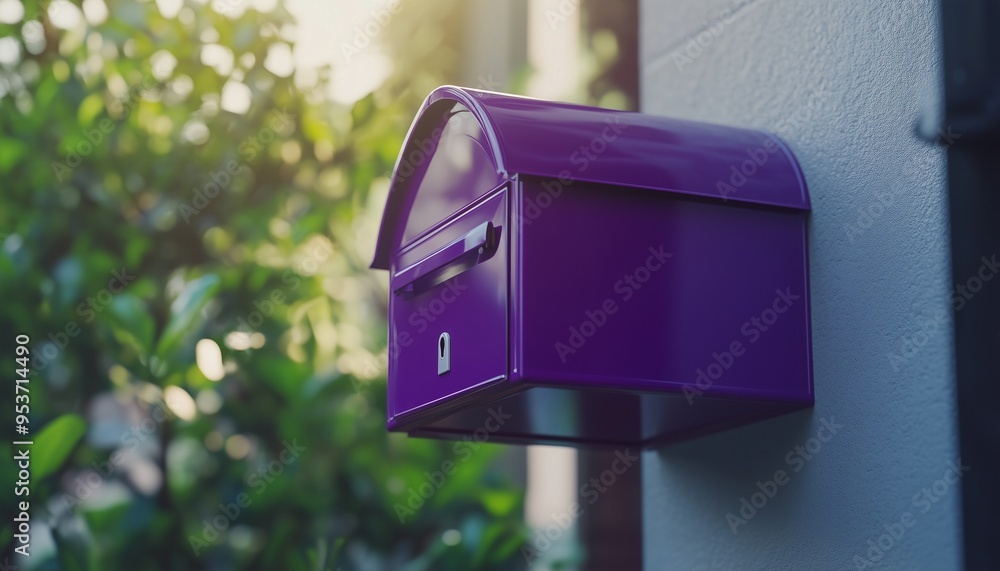 Mail box purple metal in front fence house container shipment paper or news Mail box purple metal in front fence house container shipment paper or news
