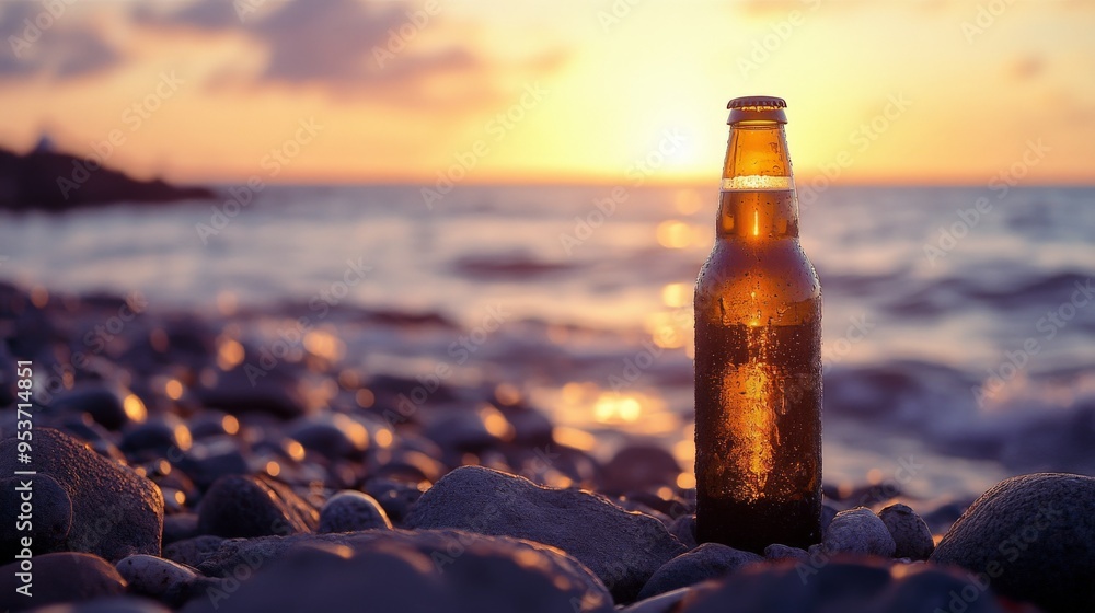 Sunset Beer on Rocky Beach - Refreshing Beverage at Sunset with Ocean Background Sunset Beer on Rocky Beach - Refreshing Beverage at Sunset with Ocean Background